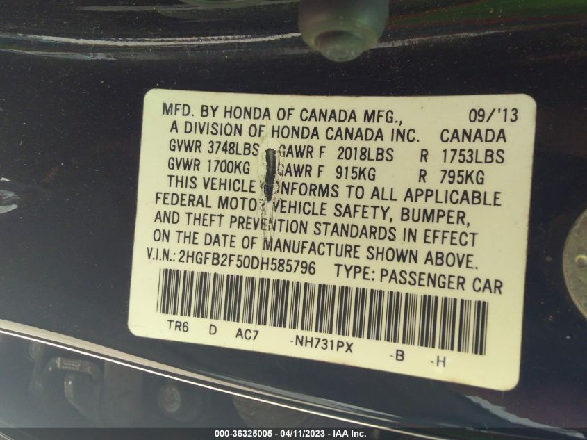 2013 HONDA CIVIC SDN LX - 2HGFB2F50DH585796