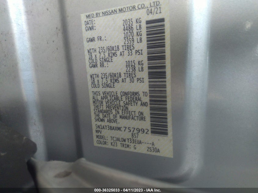 VIN 5N1AT3BAXMC757992 2021 NISSAN ROGUE SV