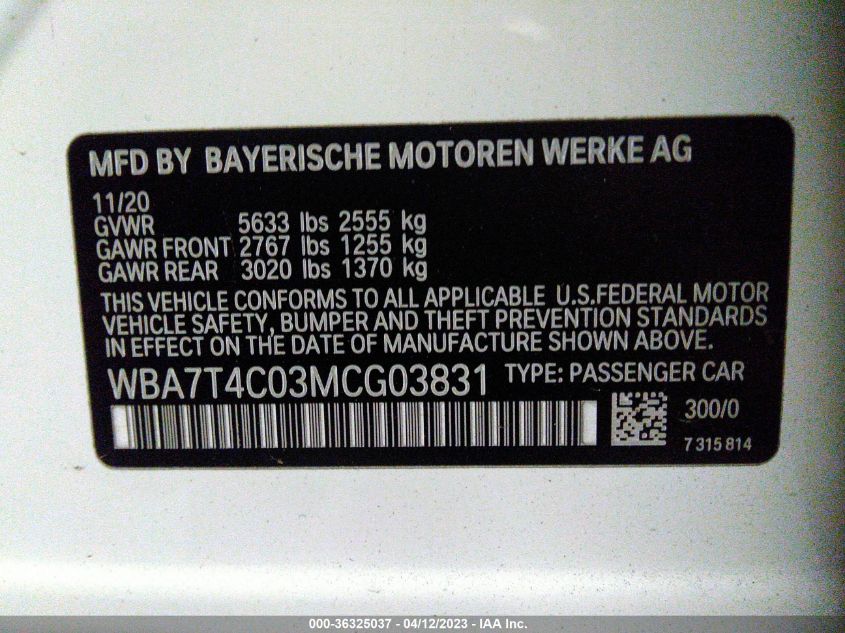 2021 BMW 7 SERIES 740I XDRIVE - WBA7T4C03MCG03831