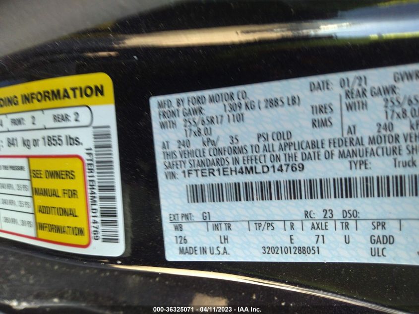 2021 FORD RANGER XL/XLT/LARIAT - 1FTER1EH4MLD14769