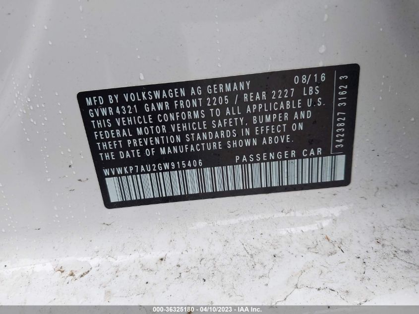 2016 VOLKSWAGEN E-GOLF SE WVWKP7AU2GW915406