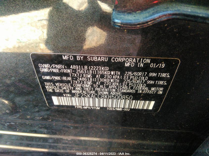 2019 SUBARU FORESTER - JF2SKACC8KH500850