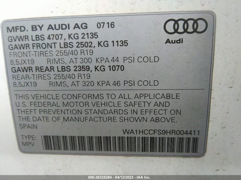 VIN WA1HCCFS9HR004411 2017 AUDI Q3 PREMIUM PLUS