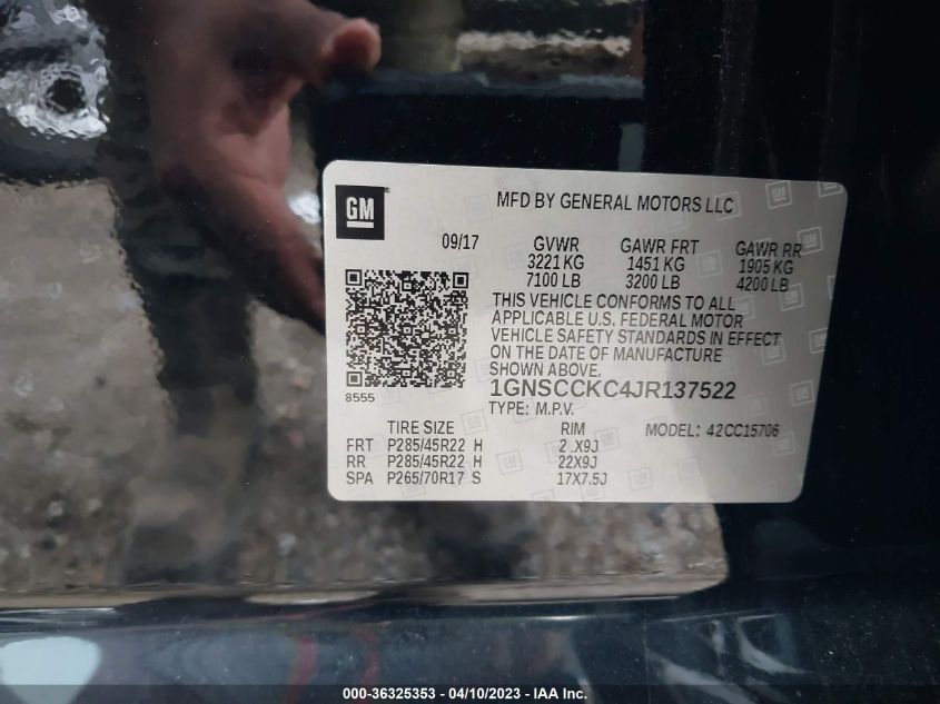2018 CHEVROLET TAHOE PREMIER - 1GNSCCKC4JR137522