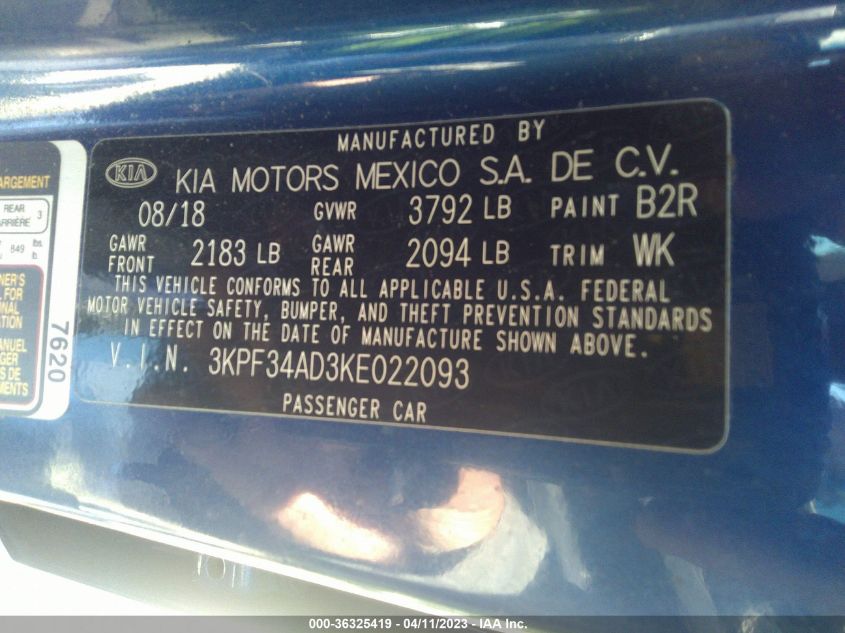 2019 KIA FORTE S - 3KPF34AD3KE022093