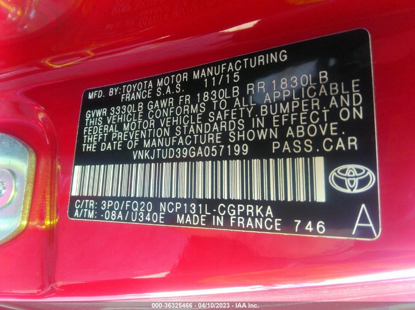 2016 TOYOTA YARIS L/LE - VNKJTUD39GA057199