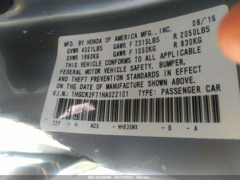 2017 HONDA ACCORD SEDAN EX - 1HGCR2F71HA022101