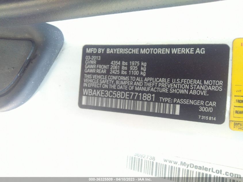 2013 BMW 3 SERIES 328I - WBAKE3C58DE771881
