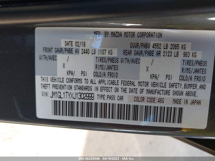 VIN JM1GL1TYXJ1302999 2018 MAZDA MAZDA6 GRAND TOURING