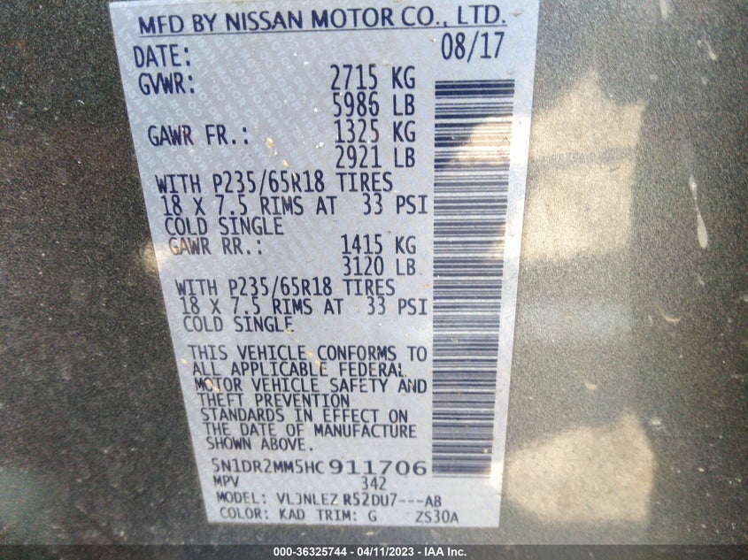 VIN 5N1DR2MM5HC911706 2017 NISSAN PATHFINDER SV