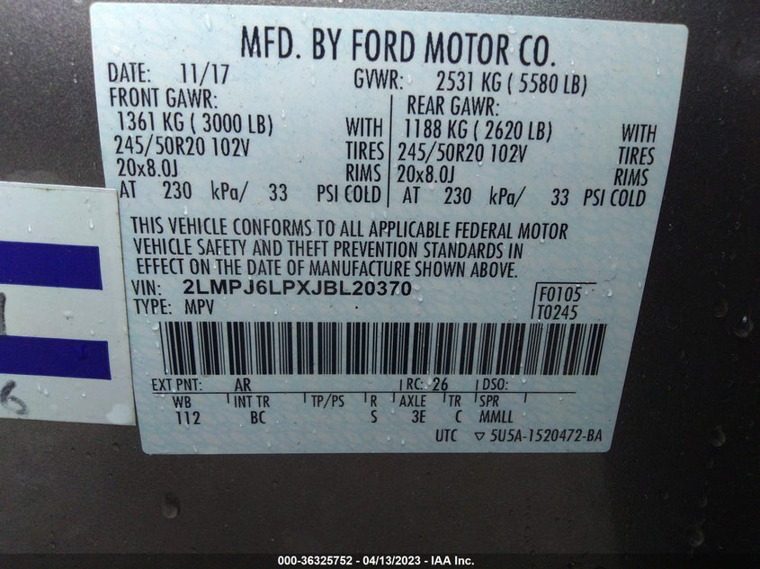 VIN 2LMPJ6LPXJBL20370 2018 LINCOLN MKX RESERVE