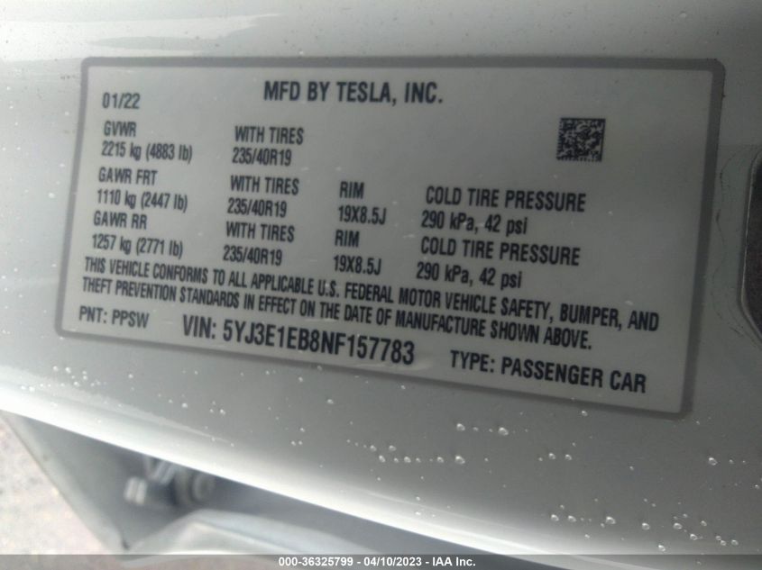 2022 TESLA MODEL 3 LONG RANGE - 5YJ3E1EB8NF157783
