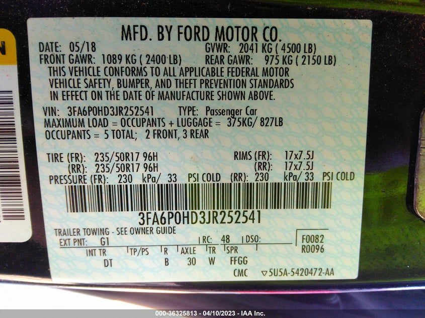 VIN 3FA6P0HD3JR252541 2018 FORD FUSION SE