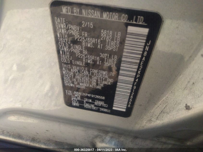 2015 NISSAN QUEST SV/S/PLATINUM/SL - JN8AE2KP4F9126558