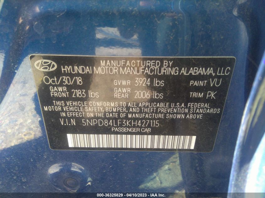 2019 HYUNDAI ELANTRA SEL - 5NPD84LF3KH427115