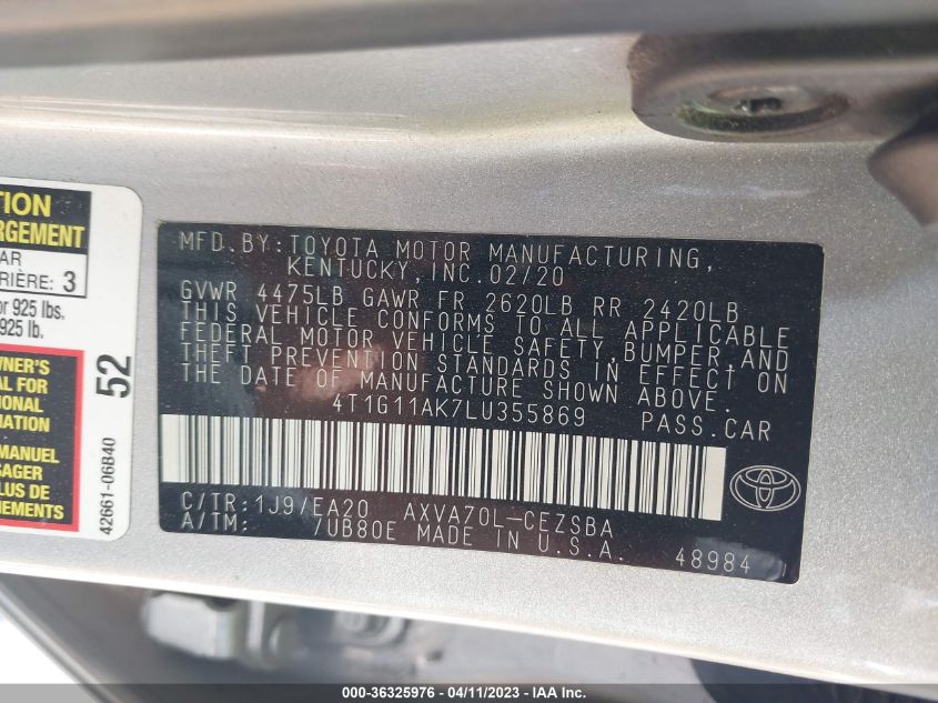 2020 TOYOTA CAMRY SE - 4T1G11AK7LU355869