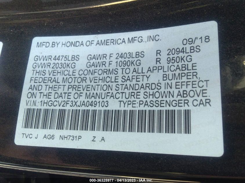 2018 HONDA ACCORD SEDAN SPORT 2.0T - 1HGCV2F3XJA049103