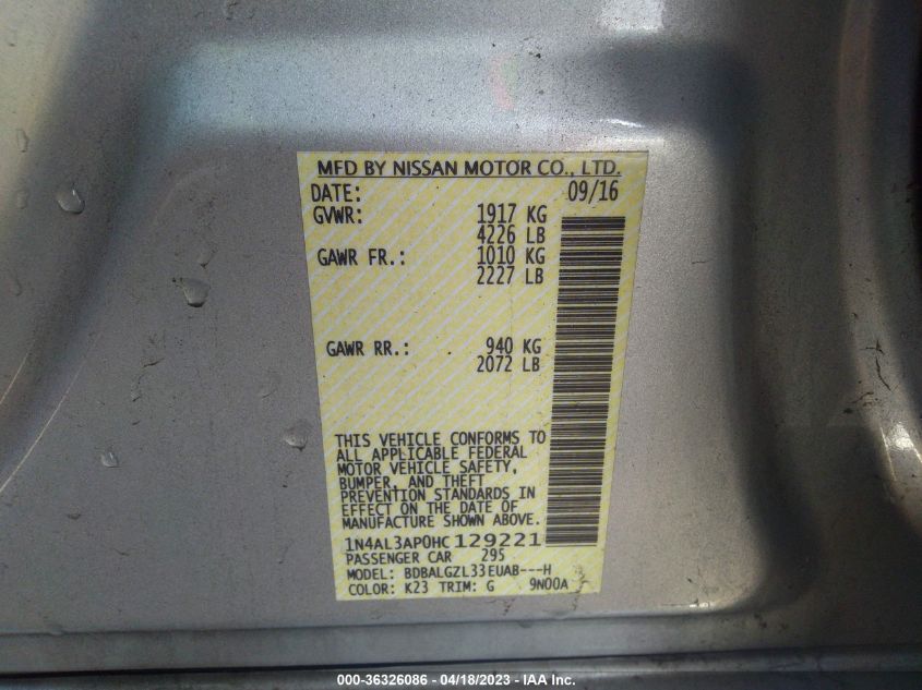 2017 NISSAN ALTIMA 2.5 S - 1N4AL3AP0HC129221