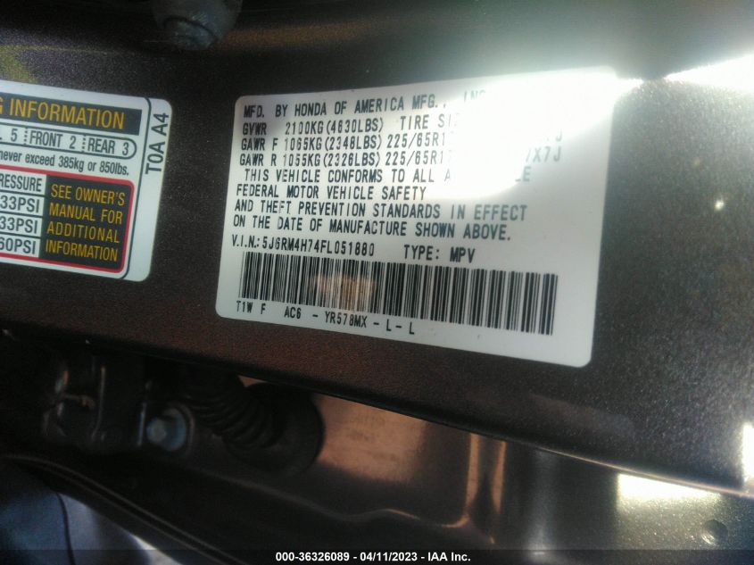 2015 HONDA CR-V EX-L - 5J6RM4H74FL051880