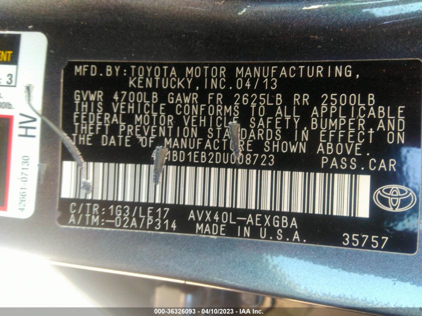 2013 TOYOTA AVALON HYBRID XLE PREMIUM 4T1BD1EB2DU008723