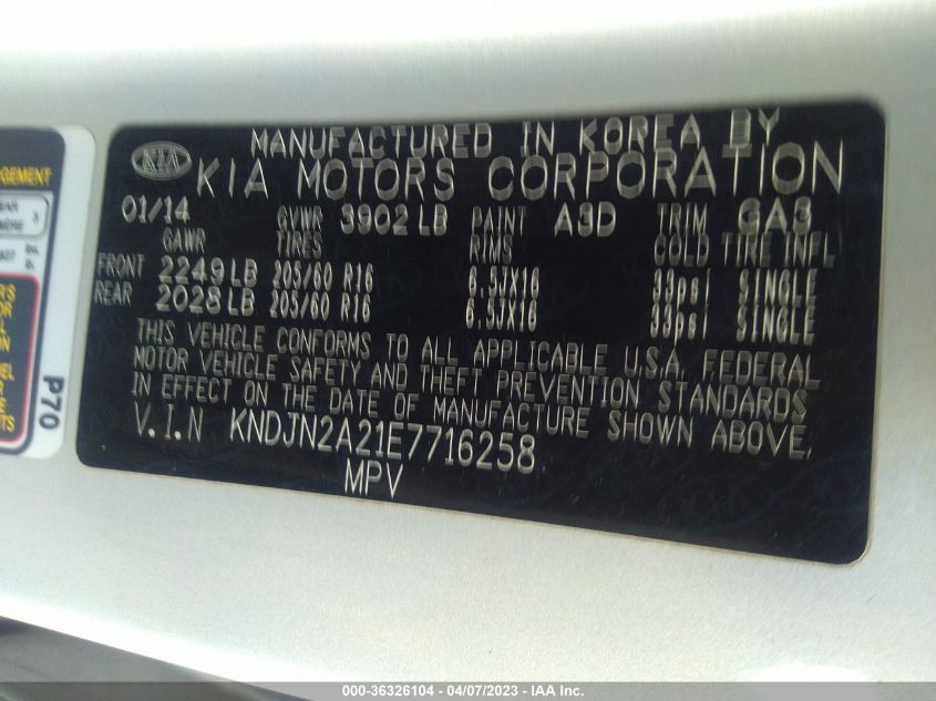 2014 KIA SOUL BASE - KNDJN2A21E7716258