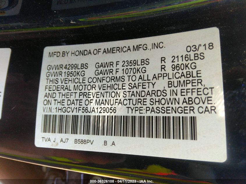 2018 HONDA ACCORD SEDAN EX-L 1.5T - 1HGCV1F56JA129056
