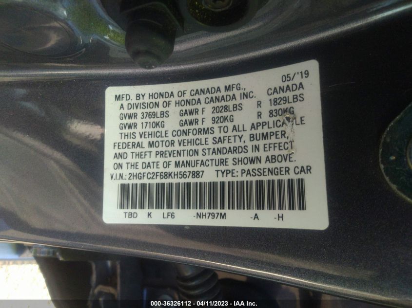 2019 HONDA CIVIC SEDAN LX - 2HGFC2F68KH567887