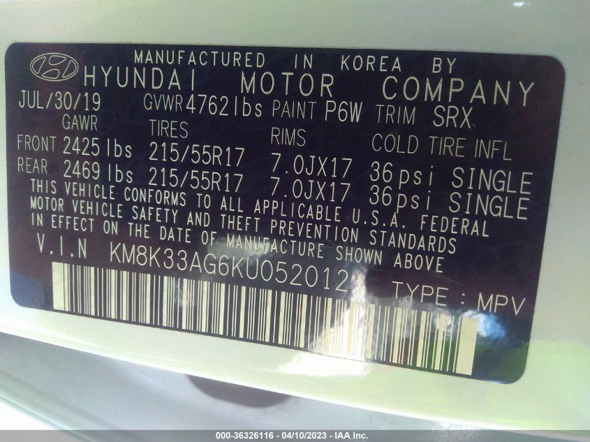 2019 HYUNDAI KONA EV LIMITED KM8K33AG6KU052012