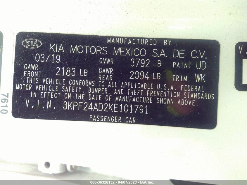 2019 KIA FORTE LXS - 3KPF24AD2KE101791