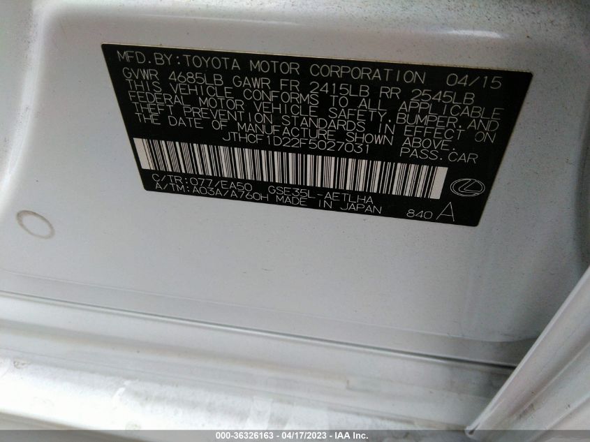 2015 LEXUS IS 250 - JTHCF1D22F5027031