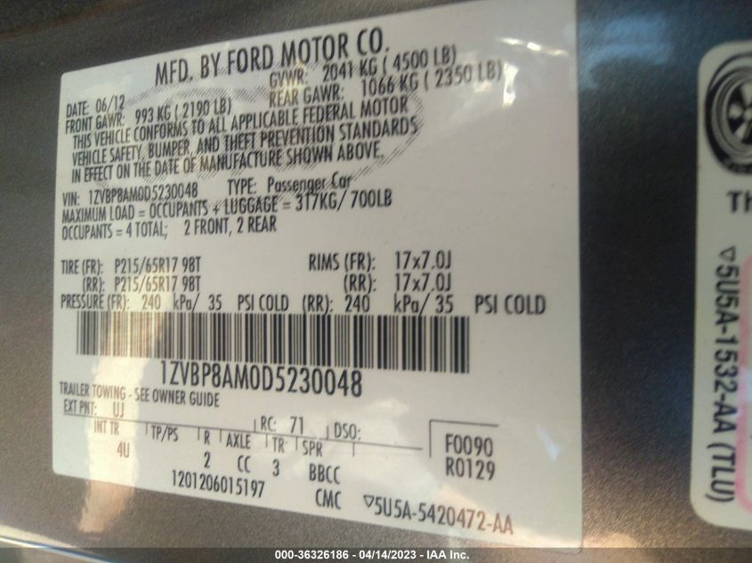 2013 FORD MUSTANG V6 - 1ZVBP8AM0D5230048