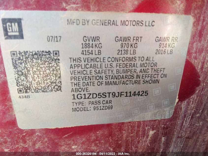 2018 CHEVROLET MALIBU LT - 1G1ZD5ST9JF114425
