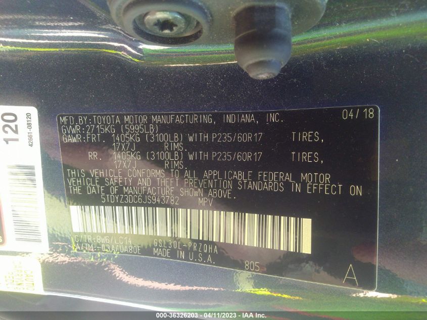2018 TOYOTA SIENNA XLE AUTO ACCESS - 5TDYZ3DC6JS943782
