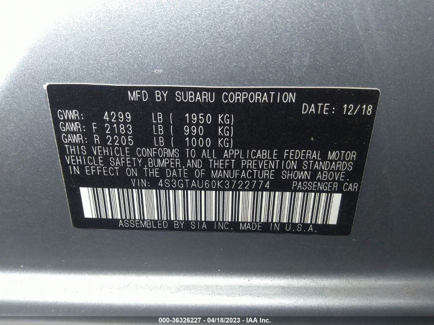 2019 SUBARU IMPREZA LIMITED - 4S3GTAU60K3722774