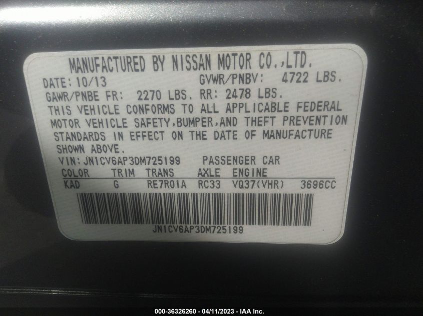 2013 INFINITI G37 SEDAN JOURNEY JN1CV6AP3DM725199