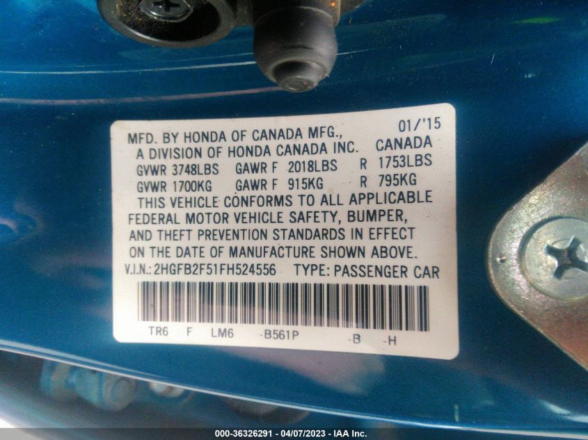 2015 HONDA CIVIC SEDAN LX - 2HGFB2F51FH524556