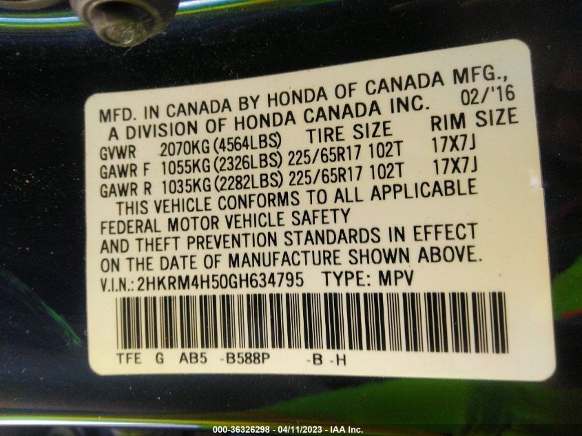 2016 HONDA CR-V EX - 2HKRM4H50GH634795