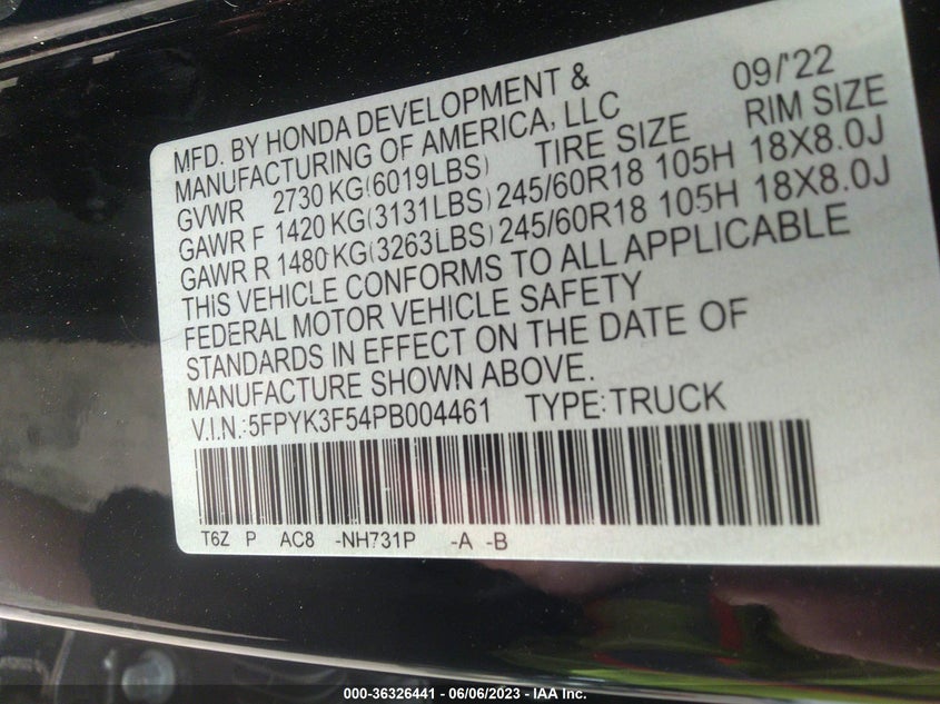 VIN 5FPYK3F54PB004461 2023 HONDA RIDGELINE RTL