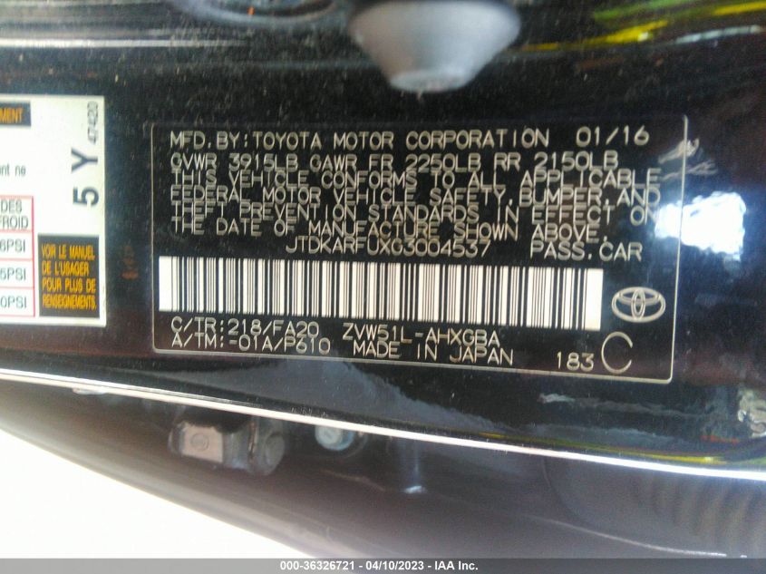 2016 TOYOTA PRIUS FOUR - JTDKARFUXG3004537