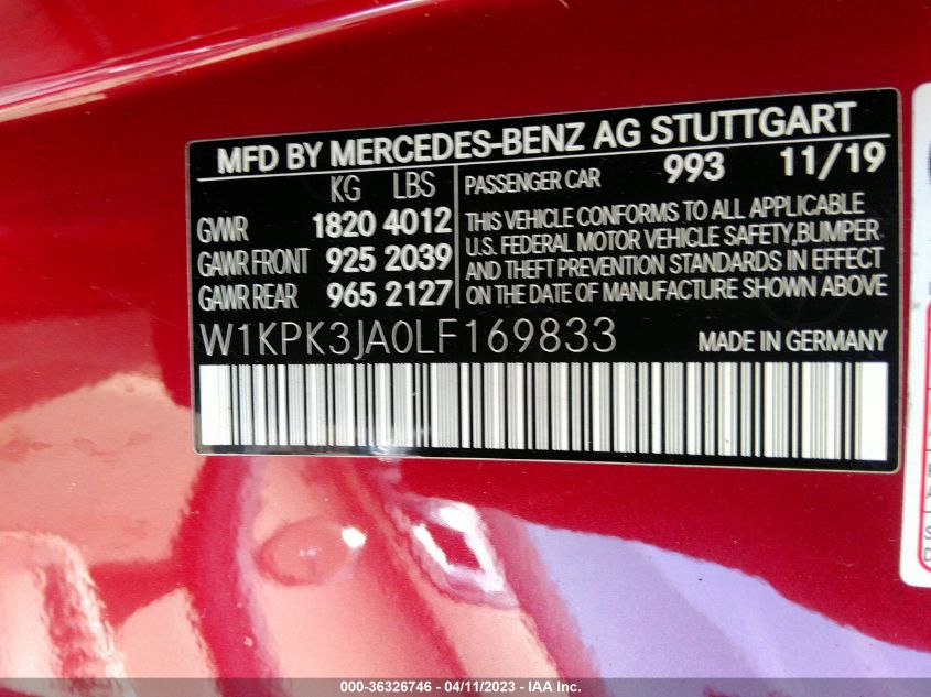 2020 MERCEDES-BENZ SLC SLC 300 - W1KPK3JA0LF169833