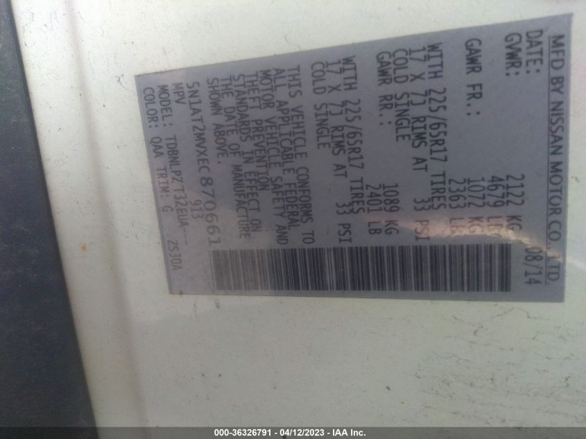 2014 NISSAN ROGUE S - 5N1AT2MVXEC870661