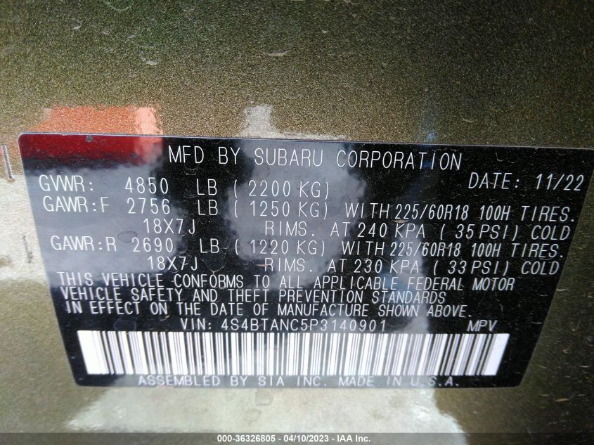 2023 SUBARU OUTBACK LIMITED - 4S4BTANC5P3140901