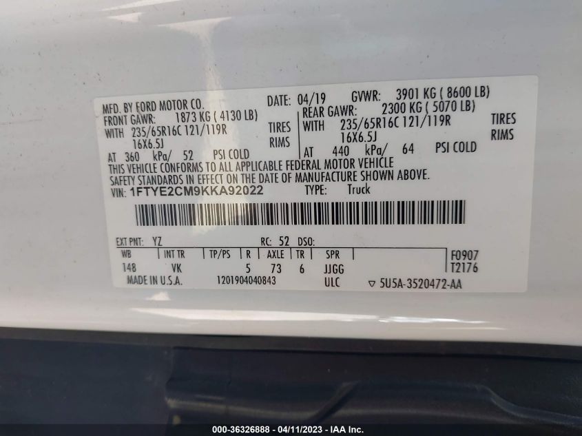2019 FORD TRANSIT VAN - 1FTYE2CM9KKA92022