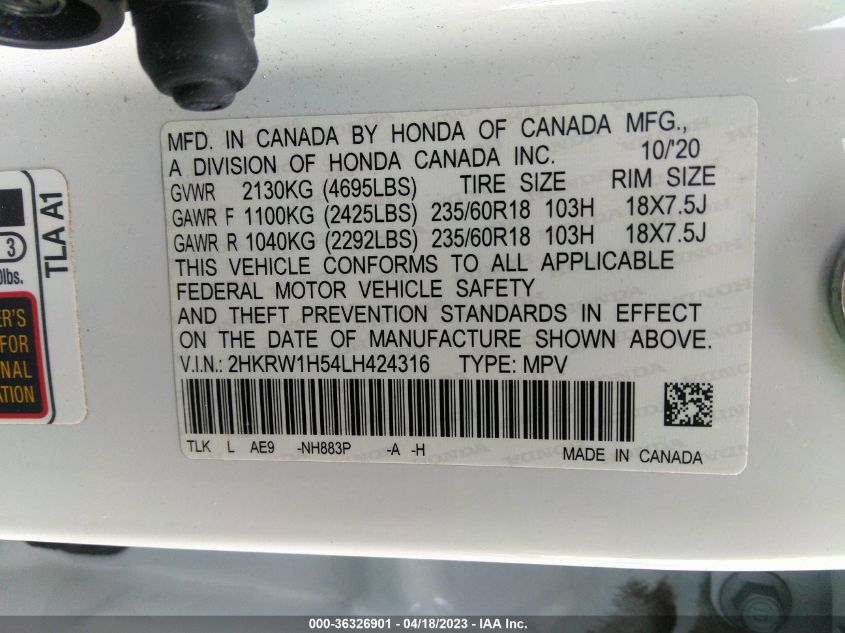 2020 HONDA CR-V EX - 2HKRW1H54LH424316