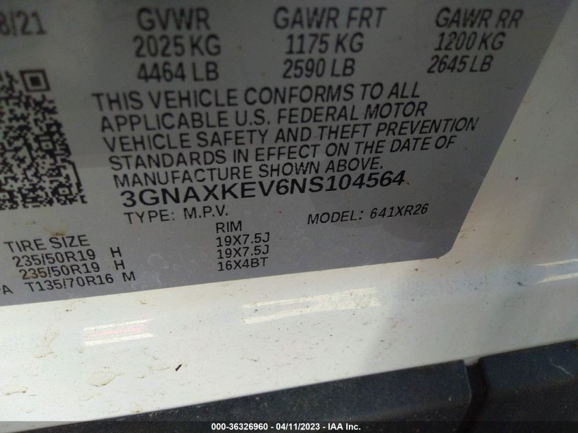 2022 CHEVROLET EQUINOX LT - 3GNAXKEV6NS104564