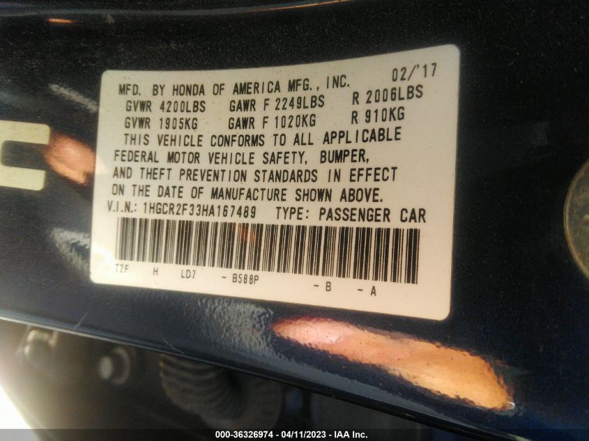 2017 HONDA ACCORD SEDAN LX - 1HGCR2F33HA167489