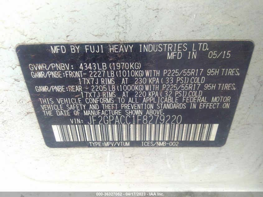 2015 SUBARU XV CROSSTREK PREMIUM - JF2GPACC1F8279220