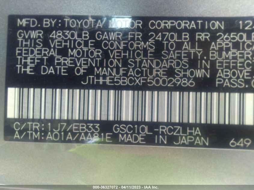 2015 LEXUS RC 350 - JTHHE5BCXF5002986
