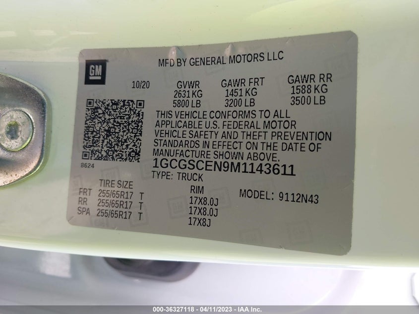 VIN 1GCGSCEN9M1143611 2021 CHEVROLET COLORADO 2WD LT
