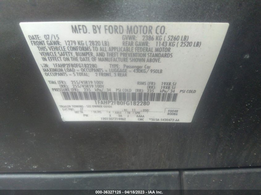 2015 FORD TAURUS LIMITED - 1FAHP2F80FG182280